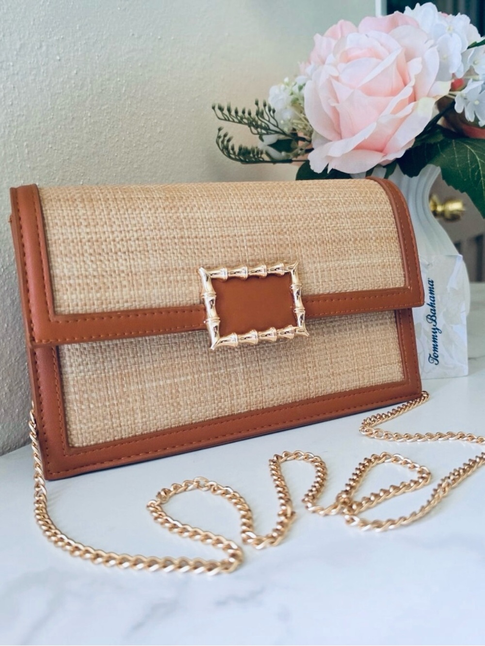NWT Tommy Bahama Woven Natural Raffia Satchel Crossbody Bag Cognac Leather Gold - Picture 2 of 16